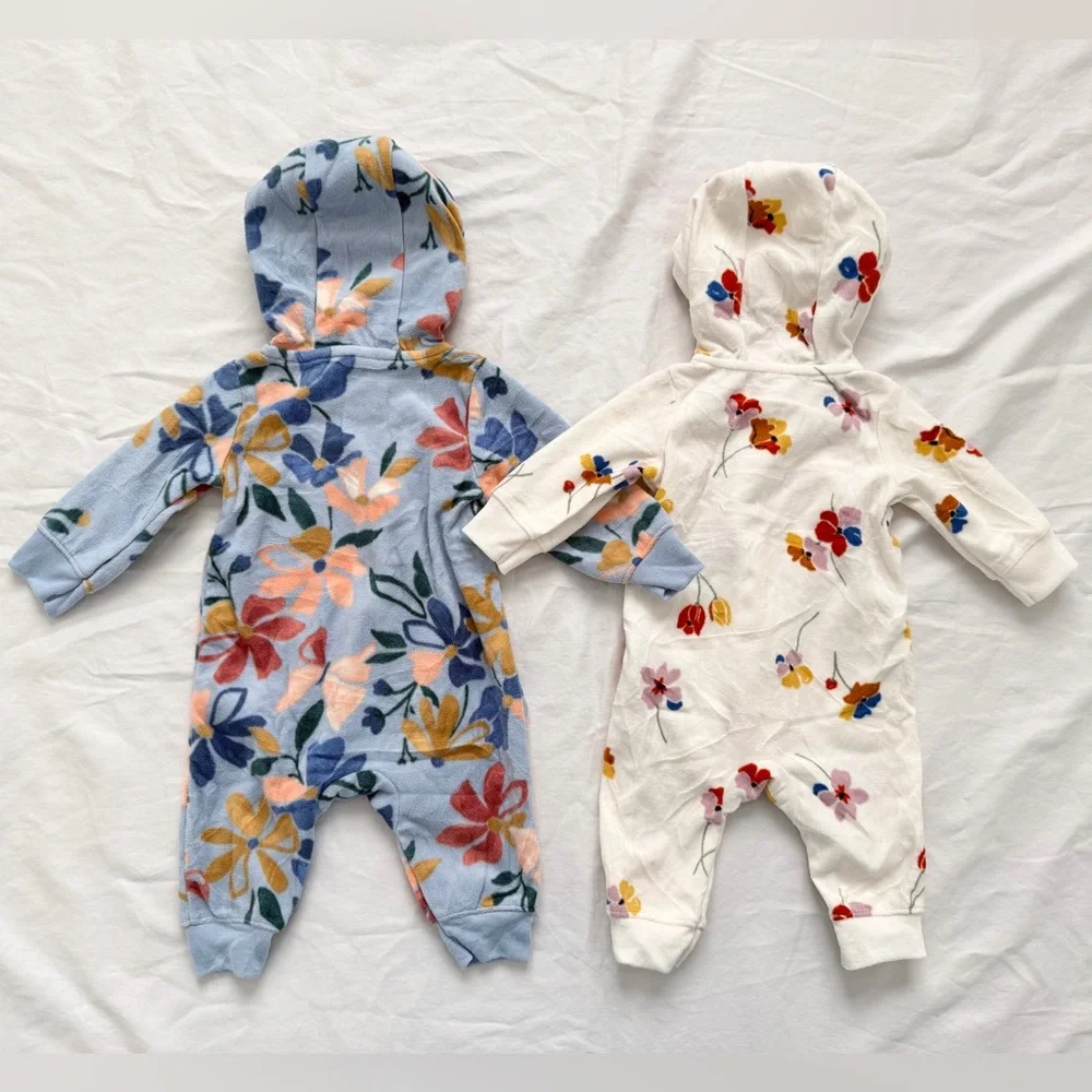 Carters Bundle | 2 Infant Girls Fleece Zip Hooded Jumpsuit | 3 months | Floral